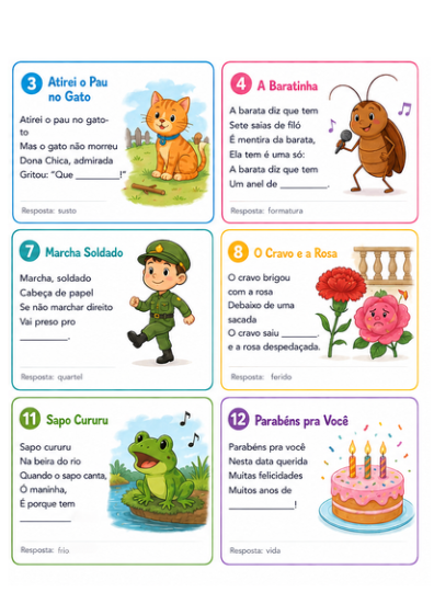 Atividades de músicas e rimas para completar